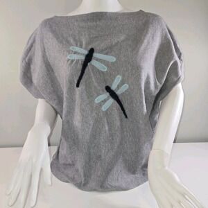 Aaeda Women's Gray Short Sleeve Sweater Top XL Dragonfly Graphic Pullover